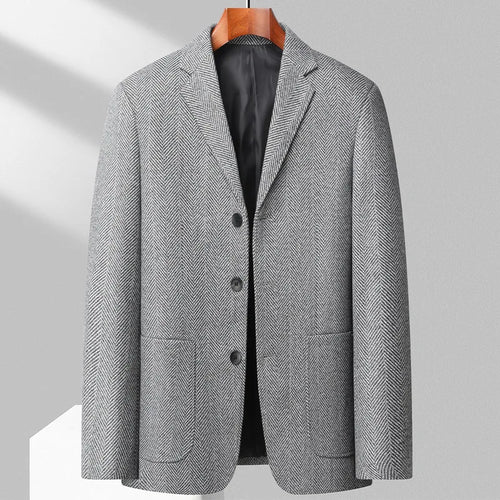 Men's Wool Blazer Herringbone Pattern Casual Business Suit Jacket
