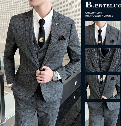 Boutique Suits (Blazer+ Vest + Pants) Men Fashion Hosting Work Business Wedding Casual Linen Art Style Elegant Gentleman's Suit Koala Sydney 