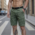 Mens Black Cargo Shorts Muscular Fitness Styling with Belt and Watch Casual Urban Streetwear Look