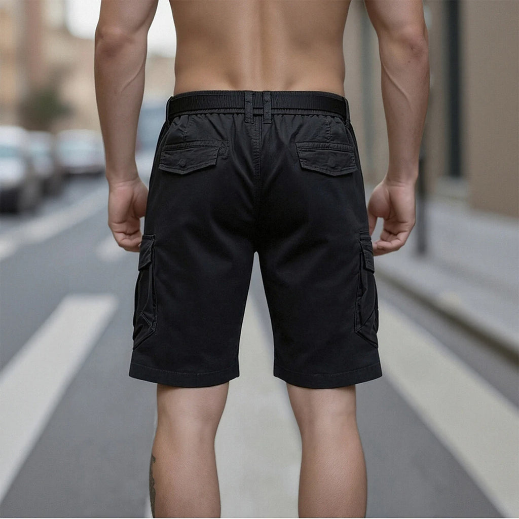 Mens Black Cargo Shorts Muscular Fitness Styling with Belt and Watch Casual Urban Streetwear Look