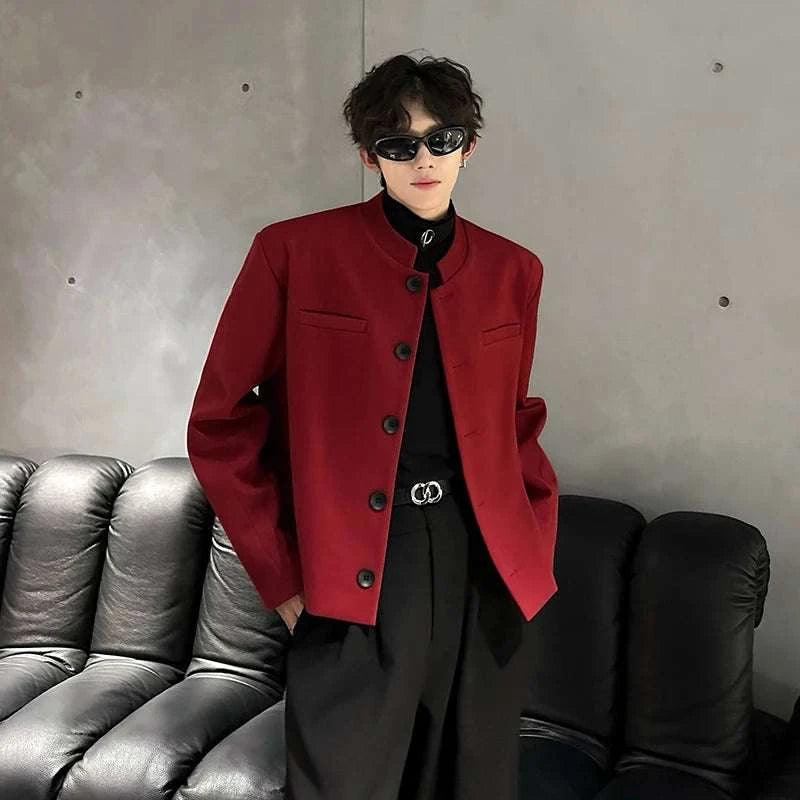 Wine Red Blazers Men Suit Jackets Casual Stand Collar Solid Color Male Short Coats Korean Trendy Men's Clothing Autumn New Koala Sydney 