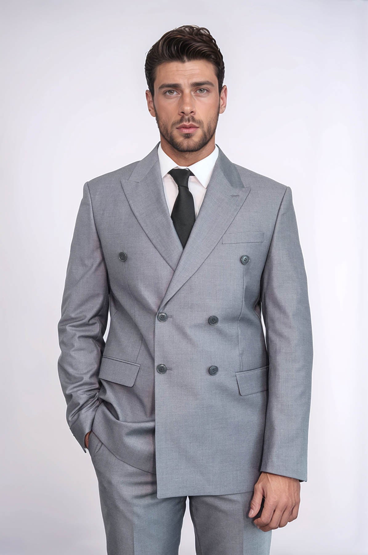 Wide Peak Lapel Striped Slim Fit Gray Men Double-Breasted Suit - Wessi