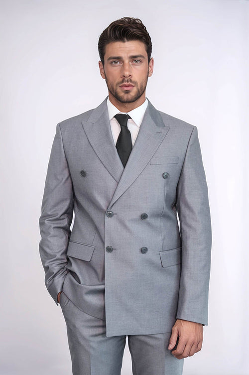 Wide Peak Lapel Striped Slim Fit Gray Men Double-Breasted Suit - Wessi