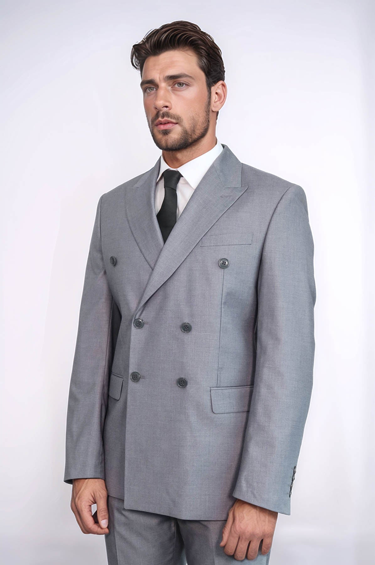 Wide Peak Lapel Striped Slim Fit Gray Men Double-Breasted Suit - Wessi