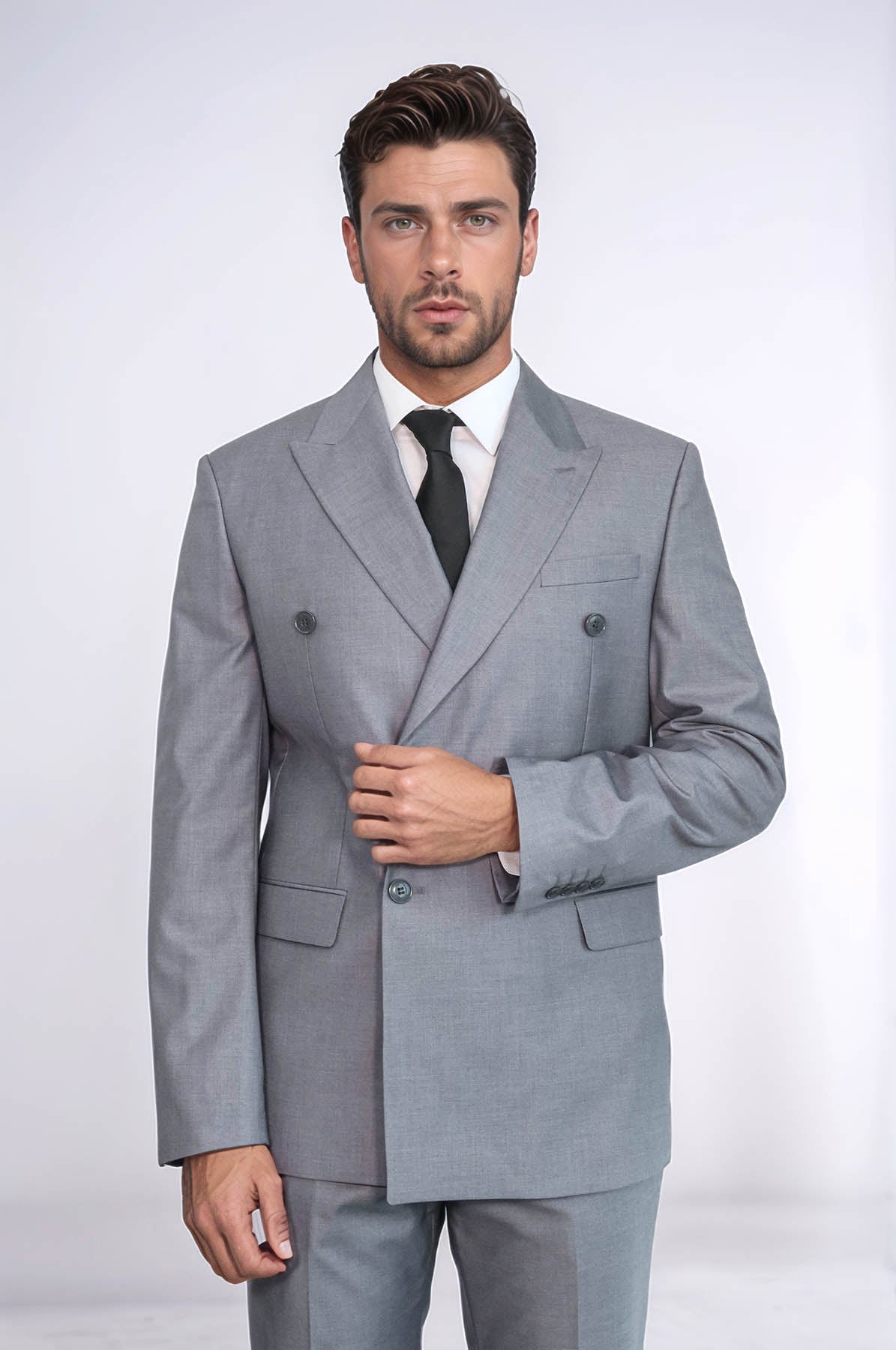 Wide Peak Lapel Striped Slim Fit Gray Men Double-Breasted Suit - Wessi