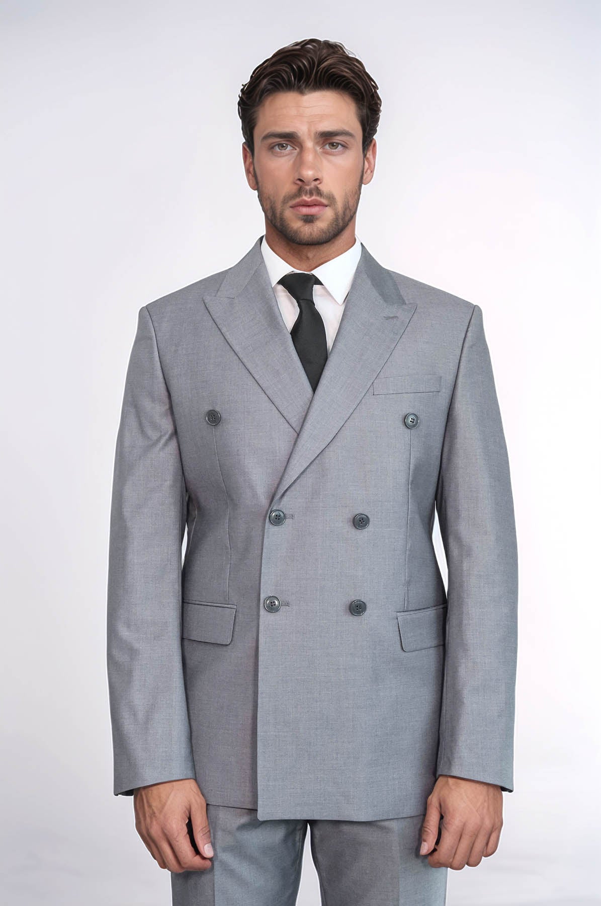 Wide Peak Lapel Striped Slim Fit Gray Men Double-Breasted Suit - Wessi