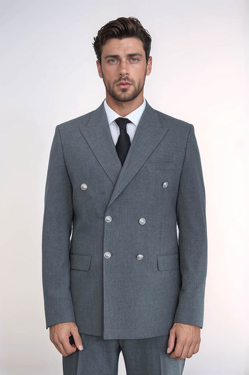 Slim Fit Double-Breasted Grey Men’s Suit with Silver-Tone Metal Buttons – Wessi