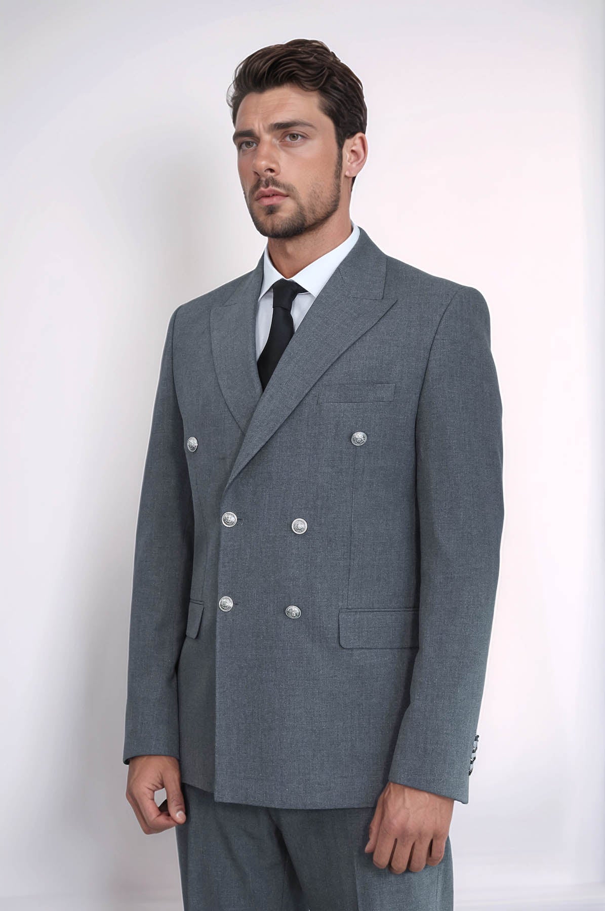 Slim Fit Double-Breasted Grey Men’s Suit with Silver-Tone Metal Buttons – Wessi