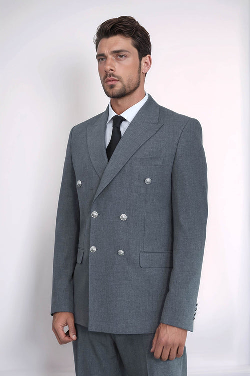 Slim Fit Double-Breasted Grey Men’s Suit with Silver-Tone Metal Buttons – Wessi