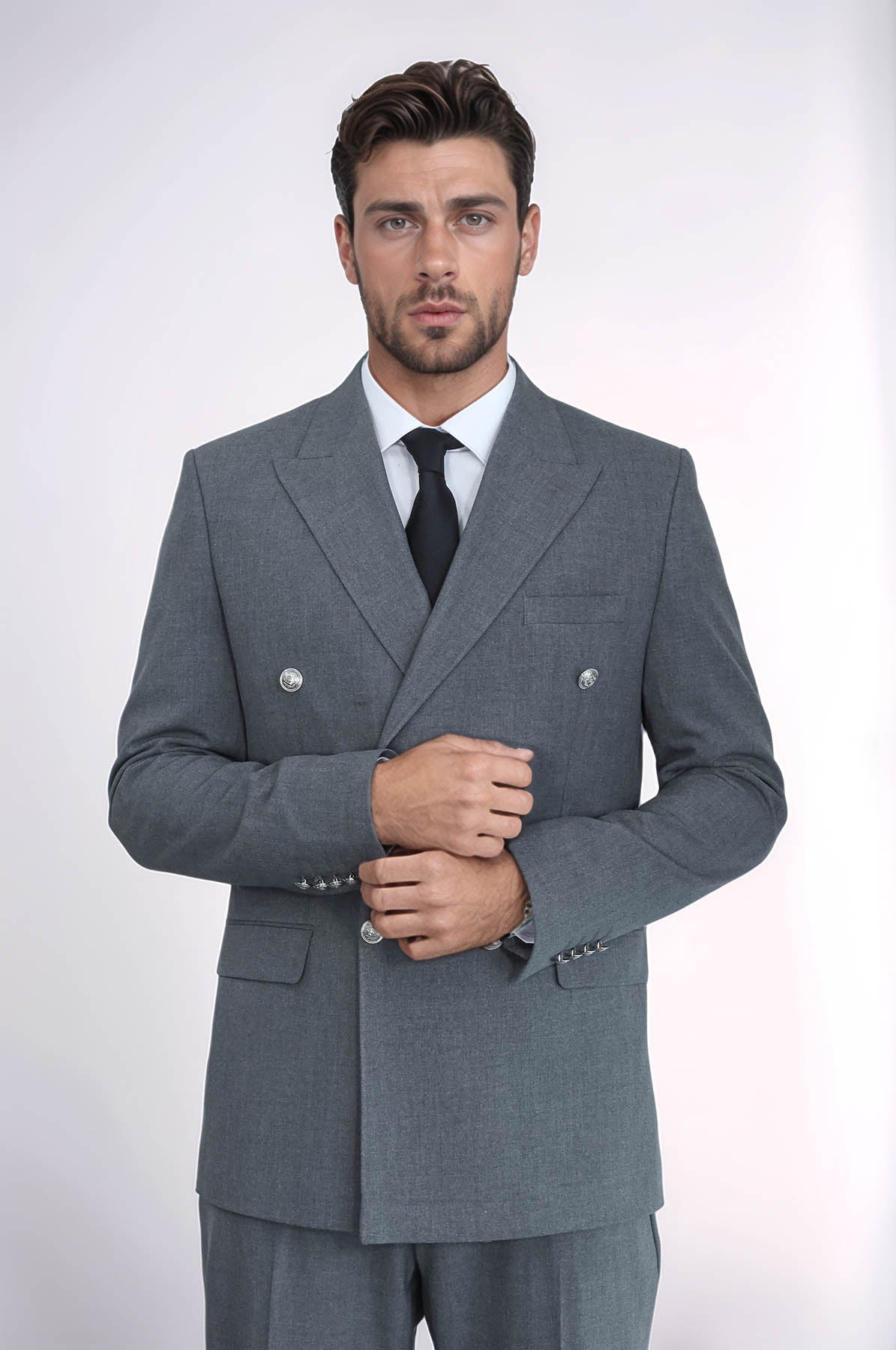 Slim Fit Double-Breasted Grey Men’s Suit with Silver-Tone Metal Buttons – Wessi