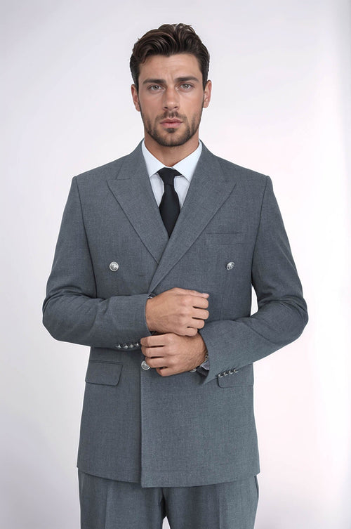 Slim Fit Double-Breasted Grey Men’s Suit with Silver-Tone Metal Buttons – Wessi
