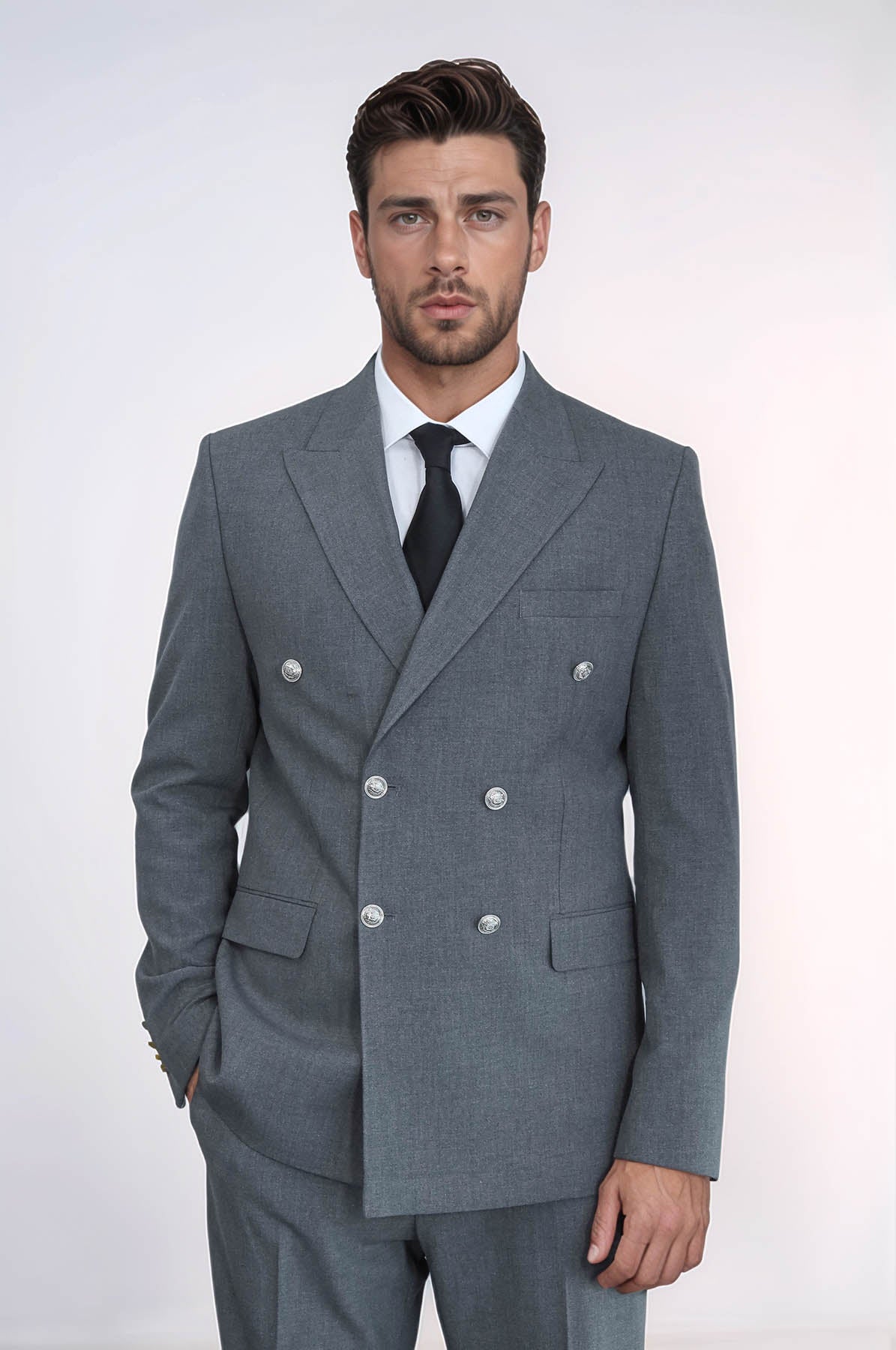 Slim Fit Double-Breasted Grey Men’s Suit with Silver-Tone Metal Buttons – Wessi