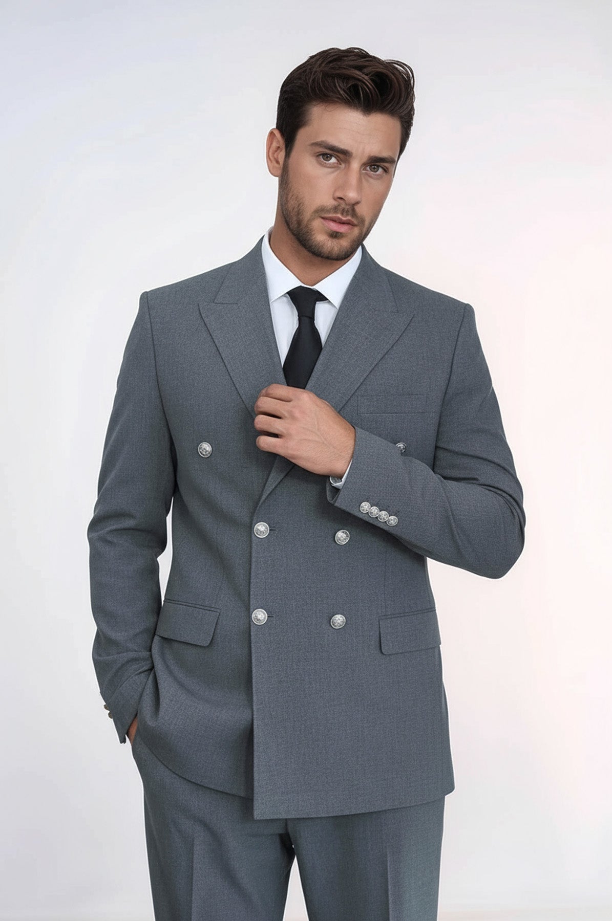 Slim Fit Double-Breasted Grey Men’s Suit with Silver-Tone Metal Buttons – Wessi