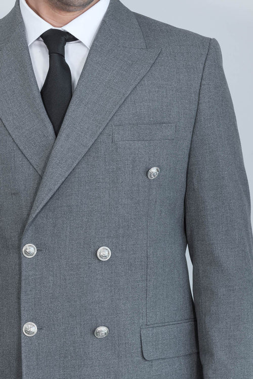 Slim Fit Double-Breasted Grey Men’s Suit with Silver-Tone Metal Buttons – Wessi
