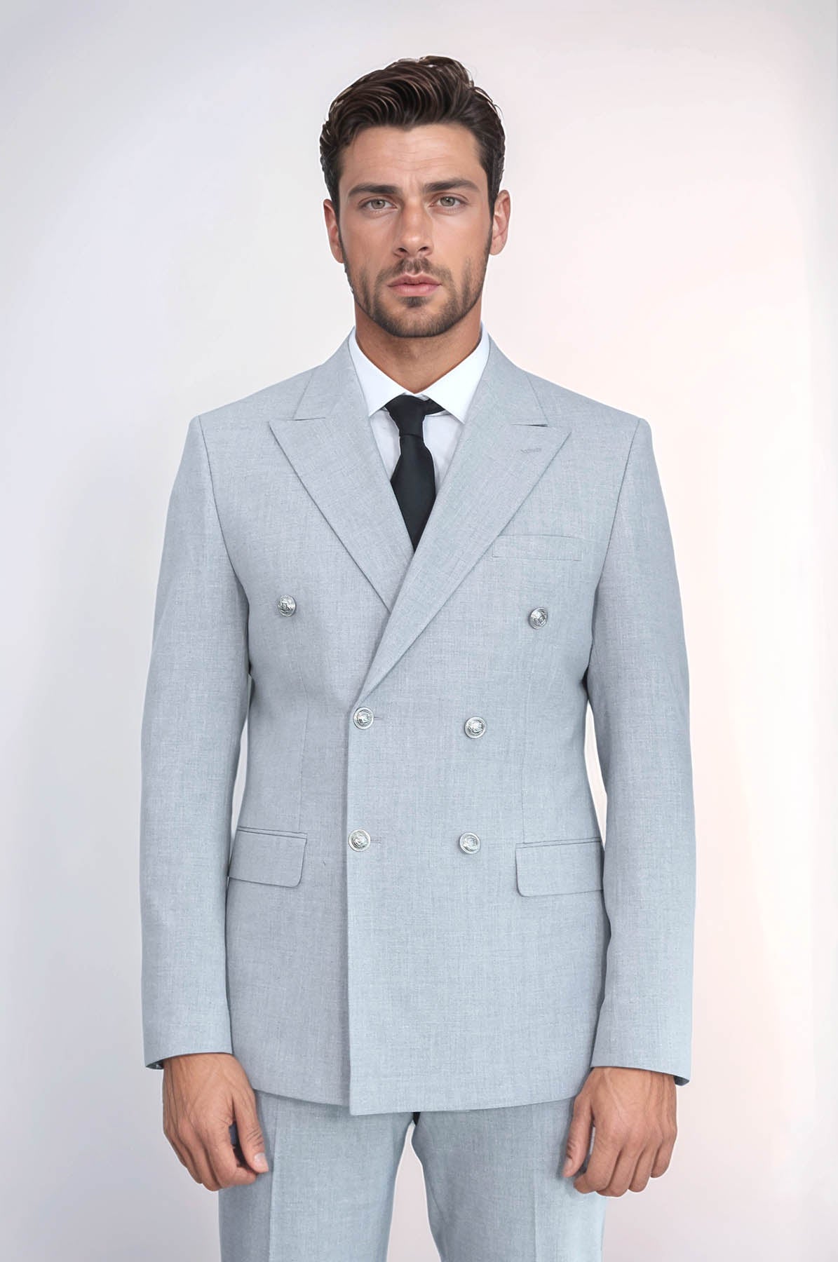 Slim Fit Double-Breasted Anthracite Men’s Suit with Silver-Tone Metal Buttons – Wessi