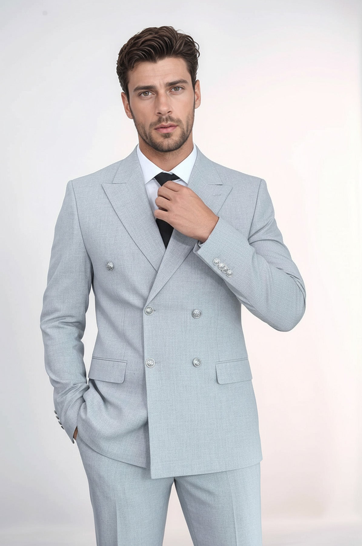 Slim Fit Double-Breasted Anthracite Men’s Suit with Silver-Tone Metal Buttons – Wessi