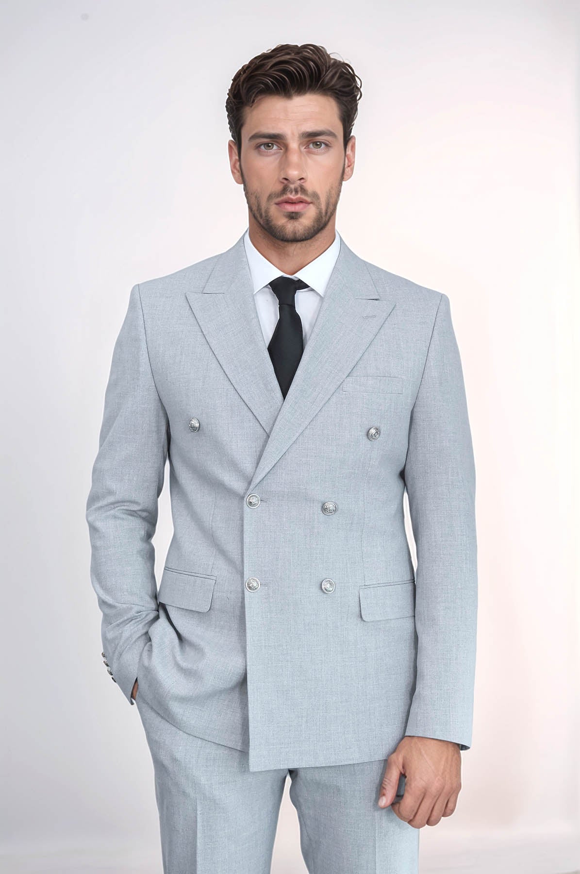 Slim Fit Double-Breasted Anthracite Men’s Suit with Silver-Tone Metal Buttons – Wessi