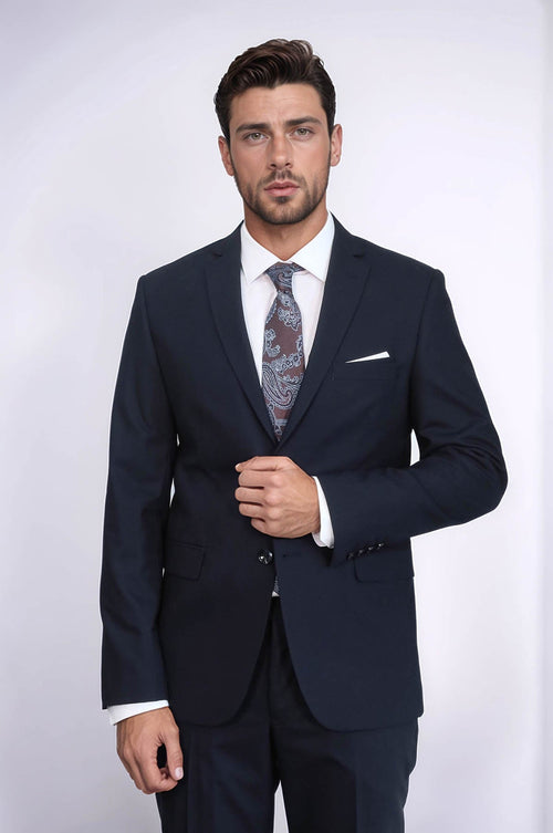 2 Buttons 2 Piece Navy Blue Men Suit - Wessi