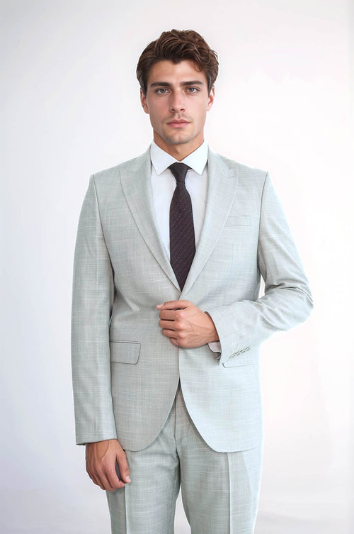 Two Piece Slim Fit Single Button Light Grey Men Suit - Wessi