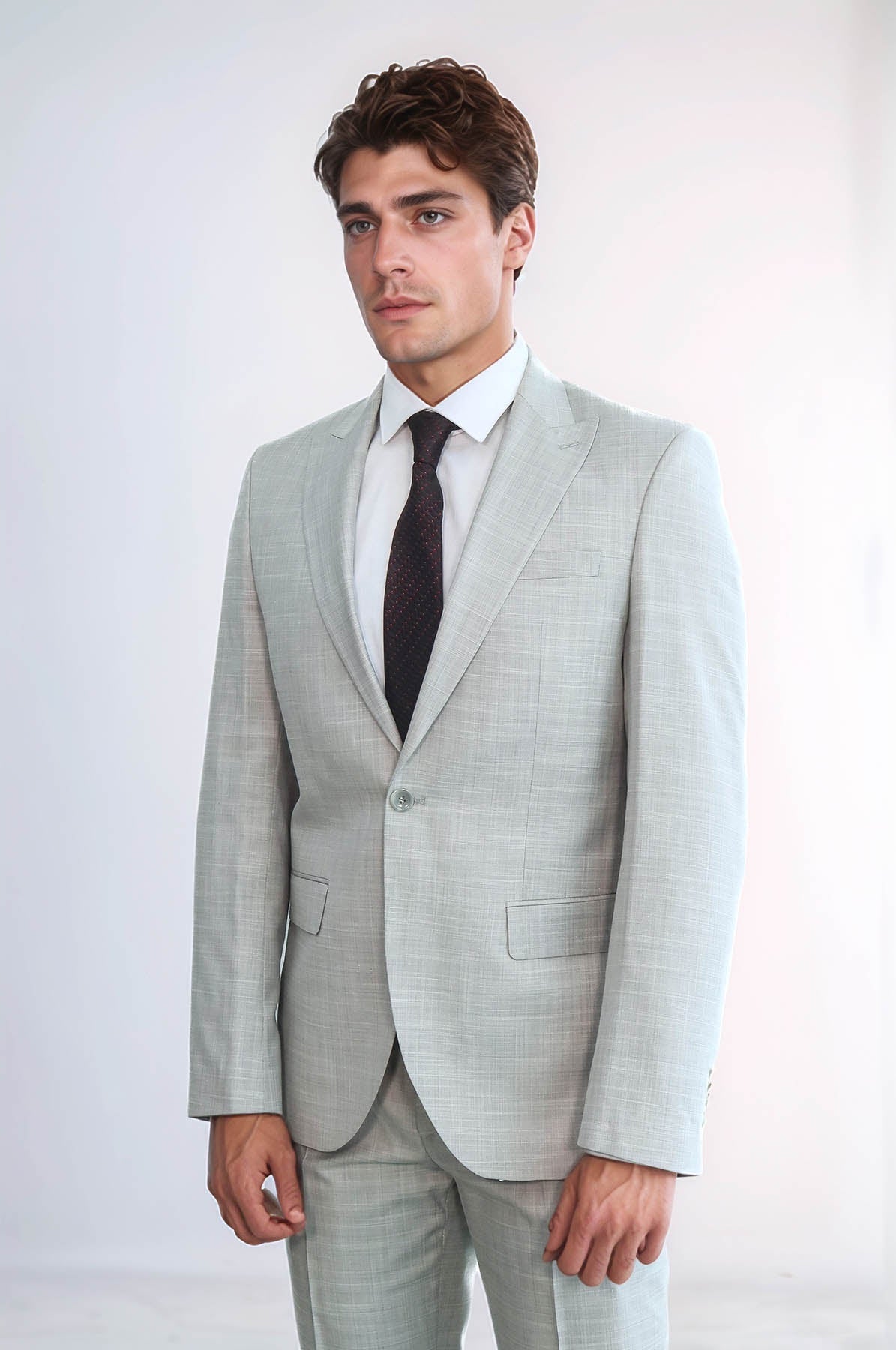Two Piece Slim Fit Single Button Light Grey Men Suit - Wessi