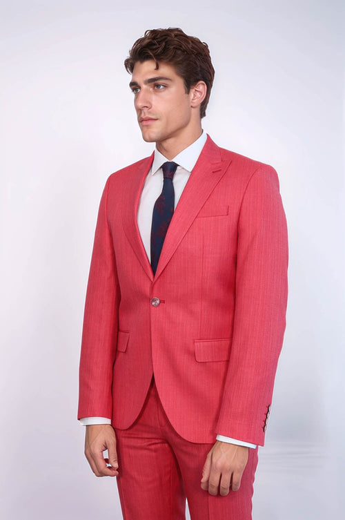 Two Piece Slim Fit Single Button Coral Red Men Suit - Wessi