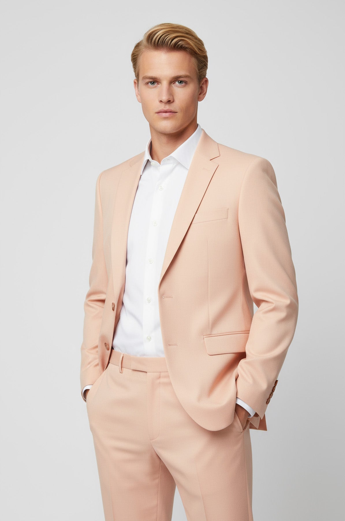 Two Piece Slim Fit Single Button Peach Colour Men Suit - Wessi
