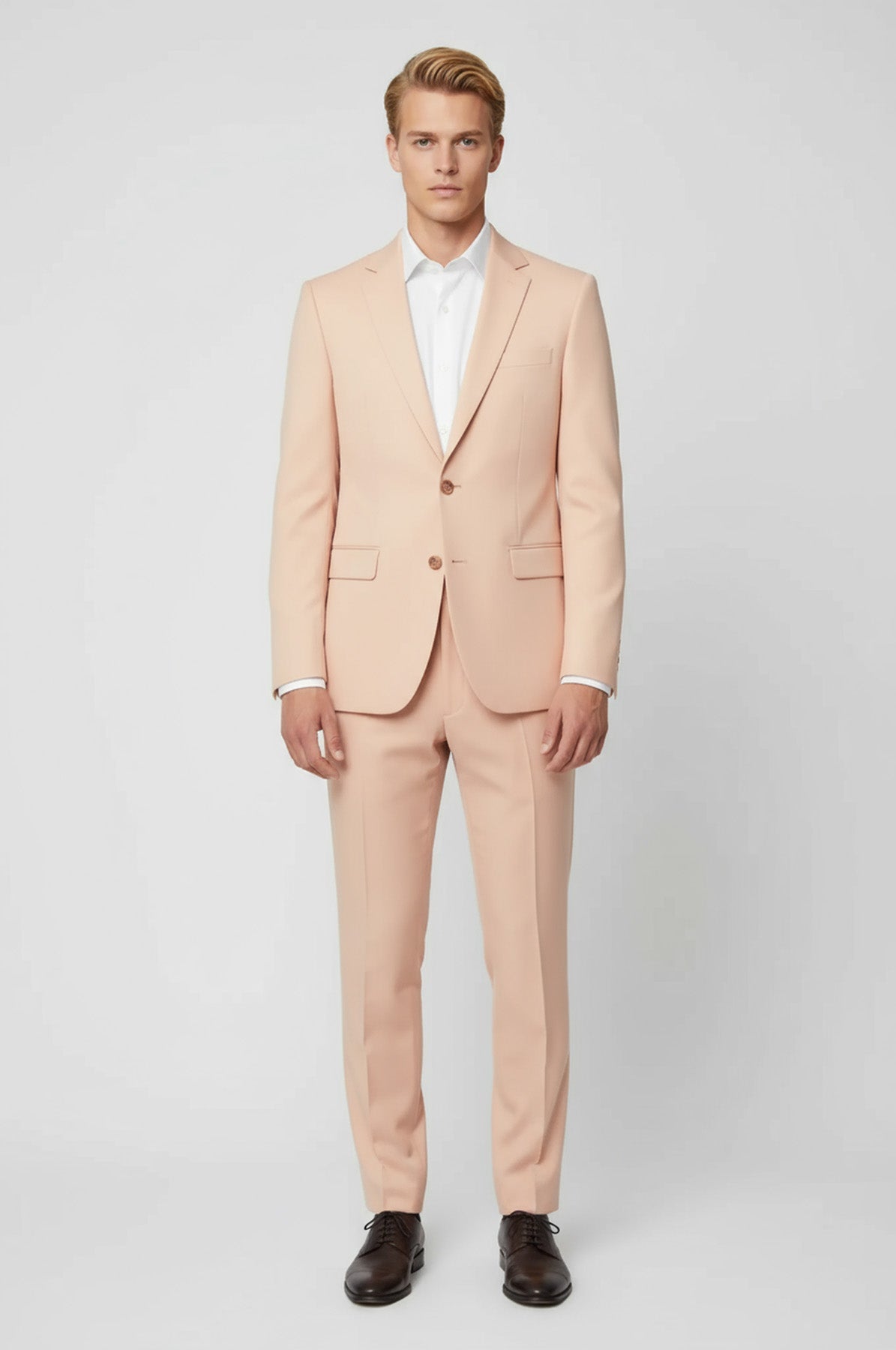 Two Piece Slim Fit Single Button Peach Colour Men Suit - Wessi