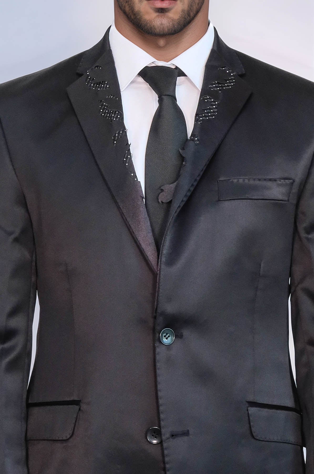 Two Piece Two Buttons Modeled Lapel Satin Black Men Groom Suit