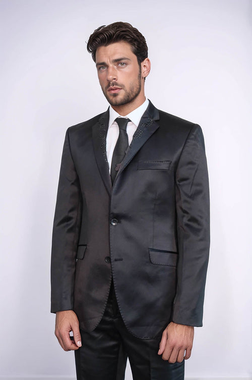 Two Piece Two Buttons Modeled Lapel Satin Black Men Groom Suit