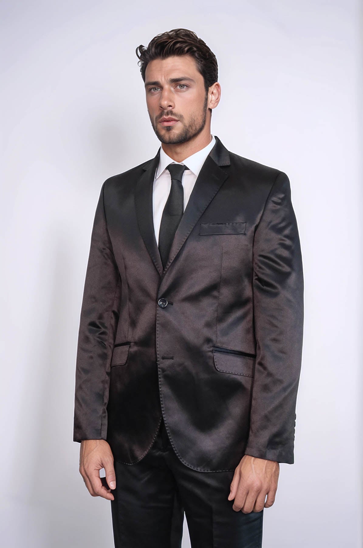 Two Piece Two Buttons Modeled Lapel Satin Black Men Groom Suit