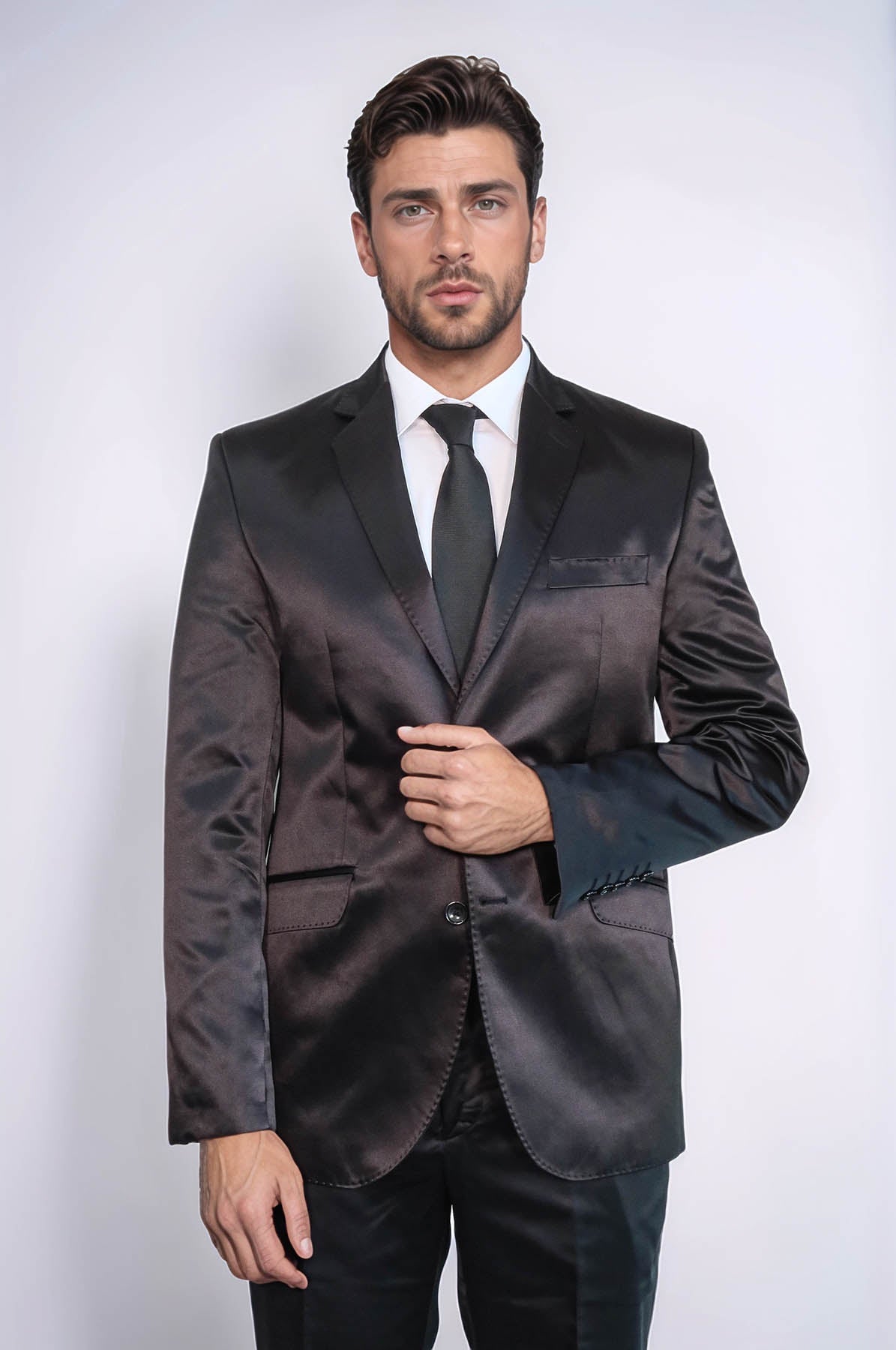 Two Piece Two Buttons Modeled Lapel Satin Black Men Groom Suit