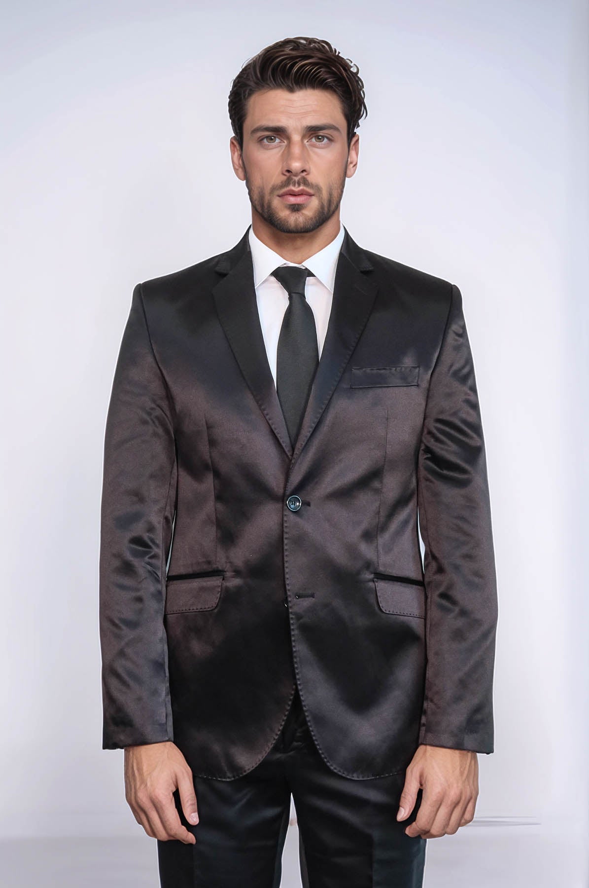 Two Piece Two Buttons Modeled Lapel Satin Black Men Groom Suit