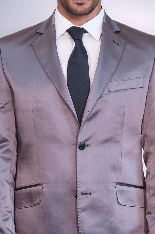 Two Piece Two Buttons Modeled Lapel Satin Grey Men Groom Suit