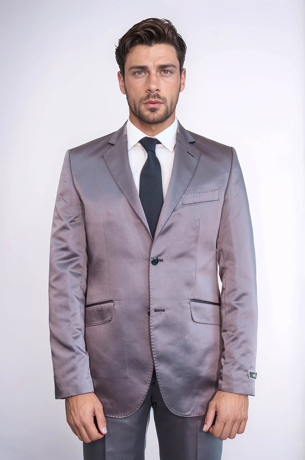 Two Piece Two Buttons Modeled Lapel Satin Grey Men Groom Suit