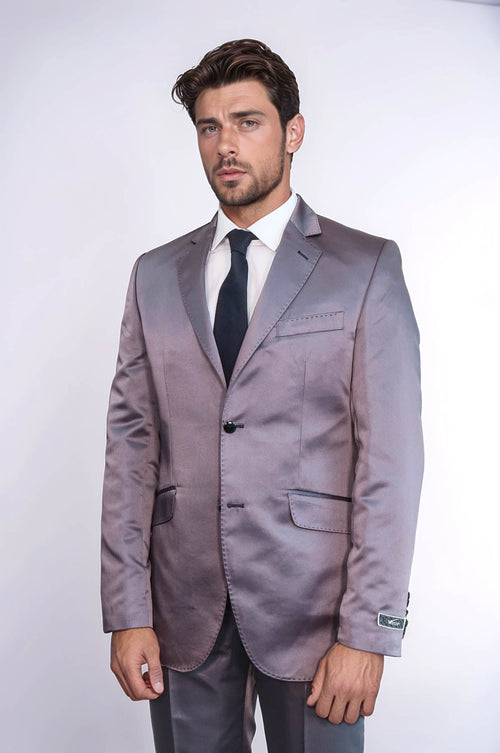 Two Piece Two Buttons Modeled Lapel Satin Grey Men Groom Suit