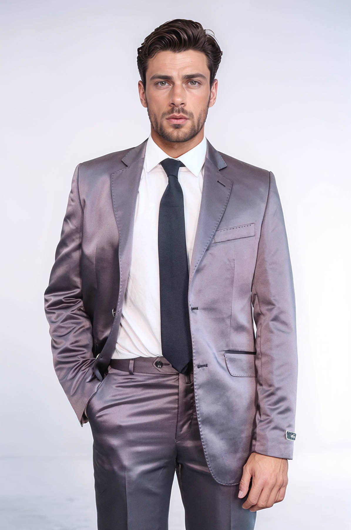 Two Piece Two Buttons Modeled Lapel Satin Grey Men Groom Suit