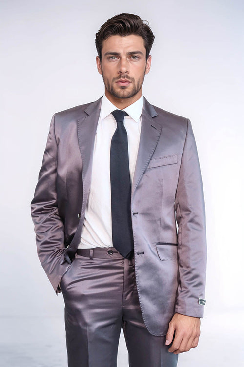 Two Piece Two Buttons Modeled Lapel Satin Grey Men Groom Suit