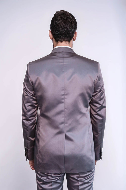 Two Piece Two Buttons Modeled Lapel Satin Grey Men Groom Suit