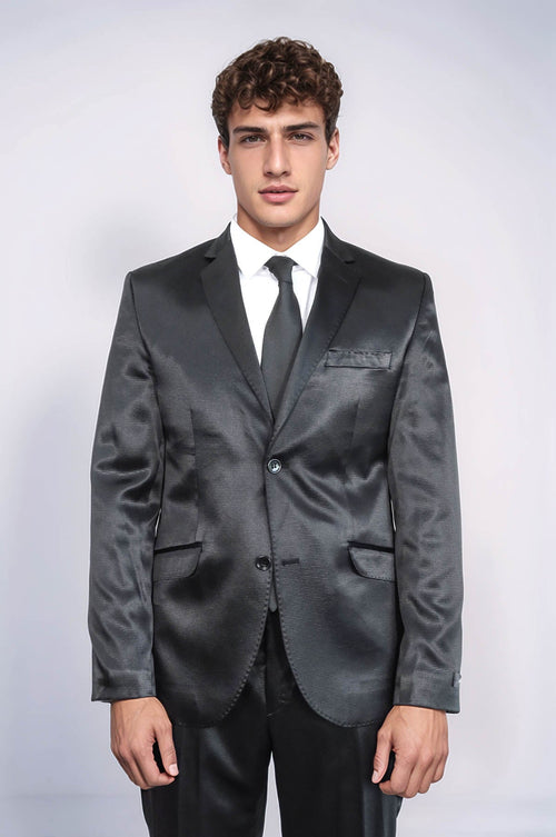 Two Piece Two Buttons Patterned Satin Black Men Suit