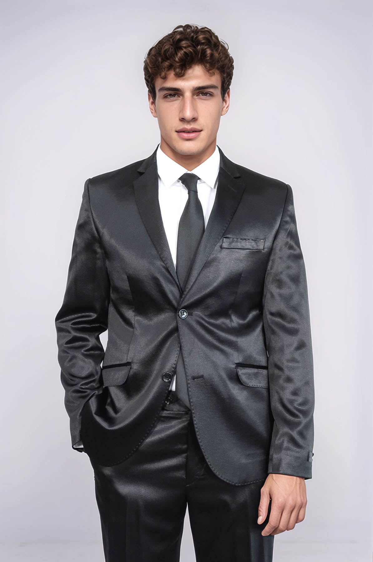 Two Piece Two Buttons Patterned Satin Black Men Suit