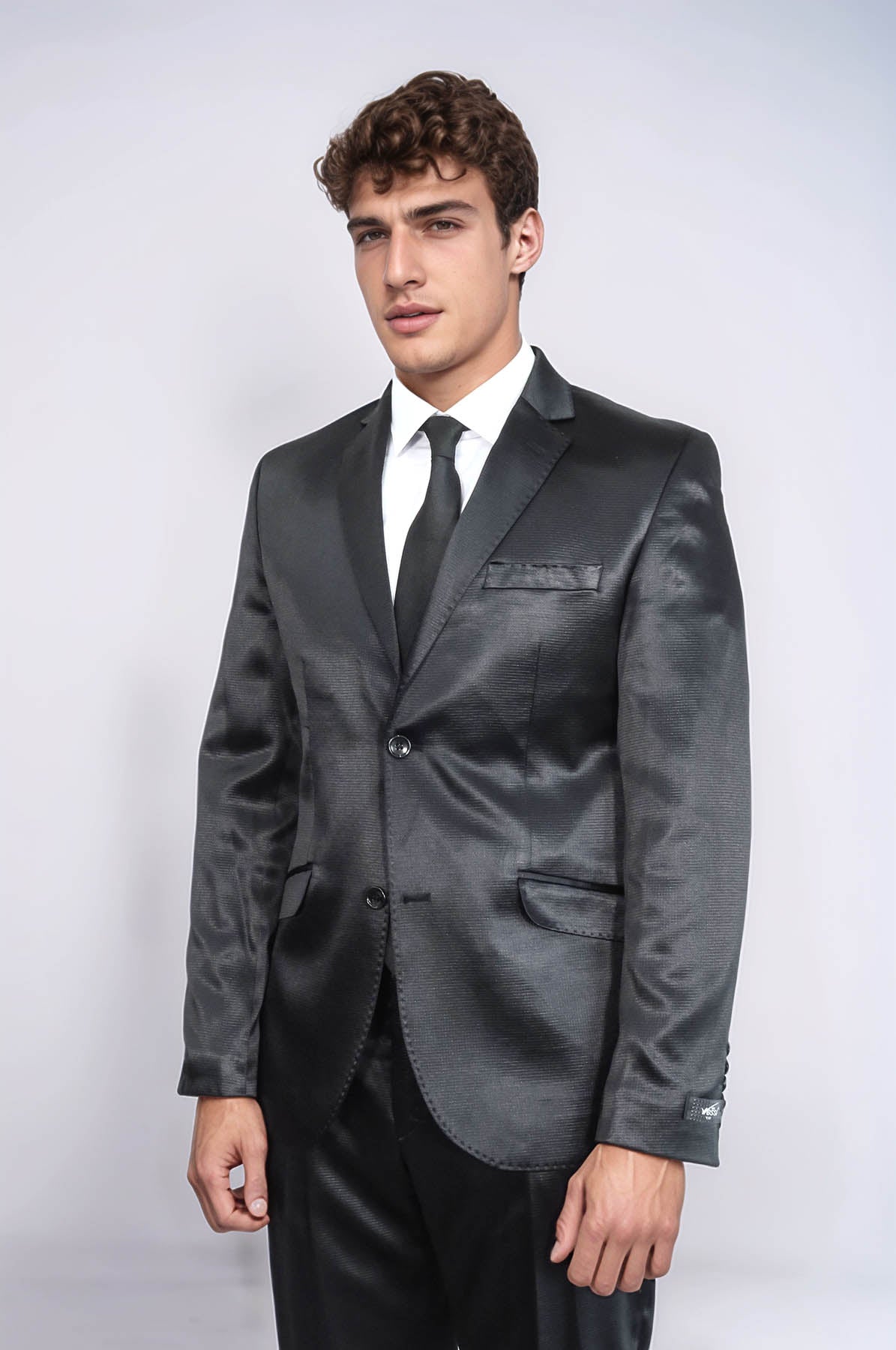 Two Piece Two Buttons Patterned Satin Black Men Suit
