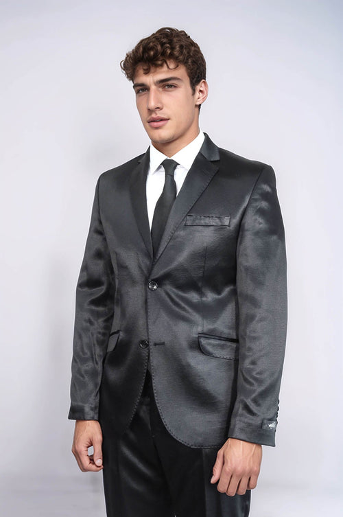 Two Piece Two Buttons Patterned Satin Black Men Suit