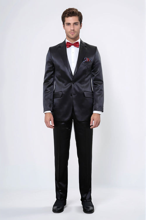 Two Piece Two Buttons Modeled Lapel Satin Black Men Groom Suit