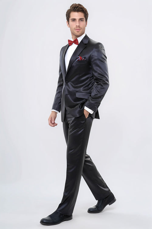 Two Piece Two Buttons Modeled Lapel Satin Black Men Groom Suit