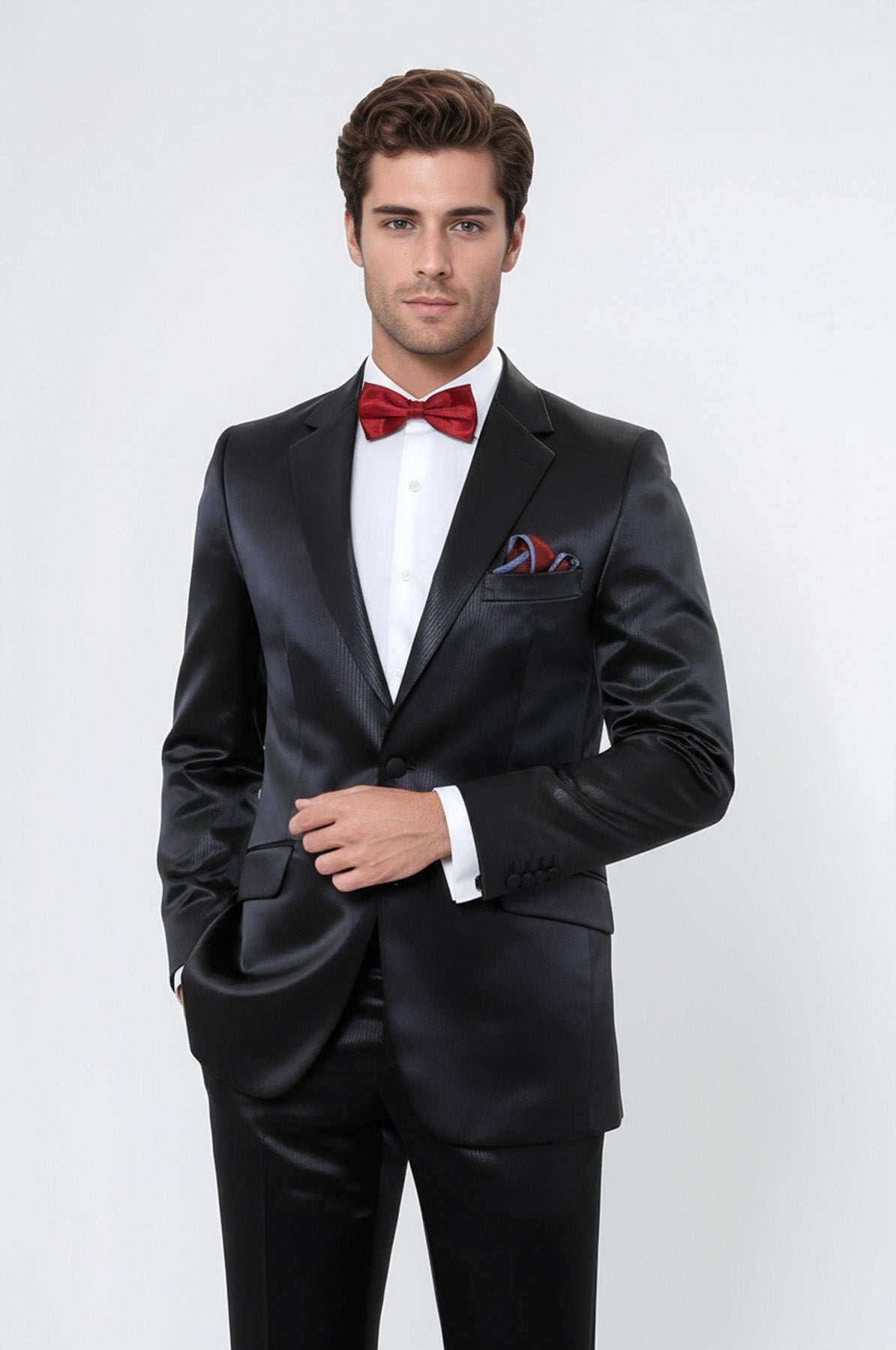 Two Piece Two Buttons Modeled Lapel Satin Black Men Groom Suit