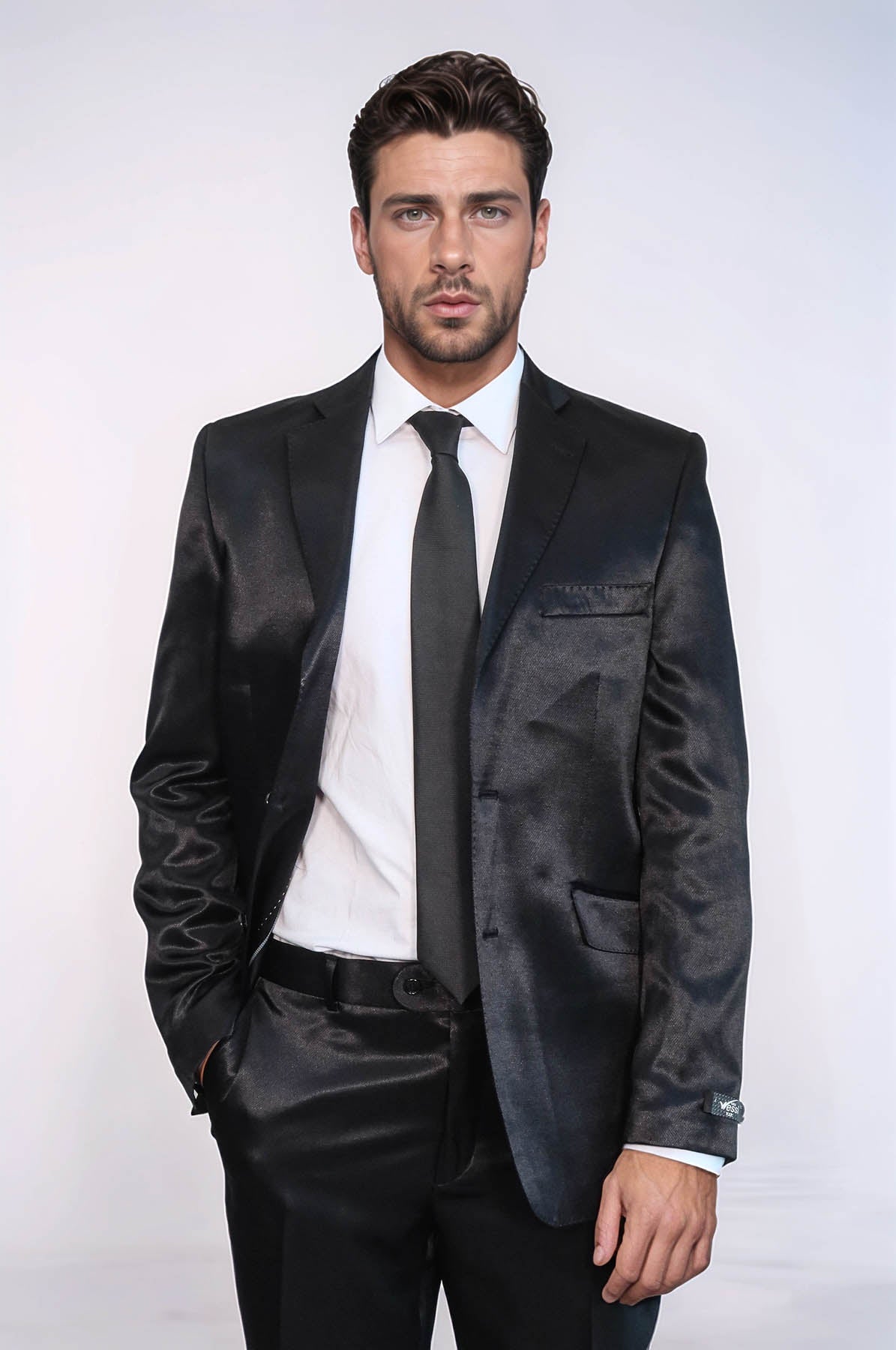 Two Buttons Two Piece Slim Fit Satin Black Men Suit