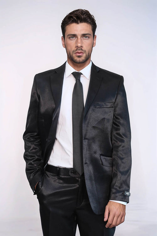 Two Buttons Two Piece Slim Fit Satin Black Men Suit