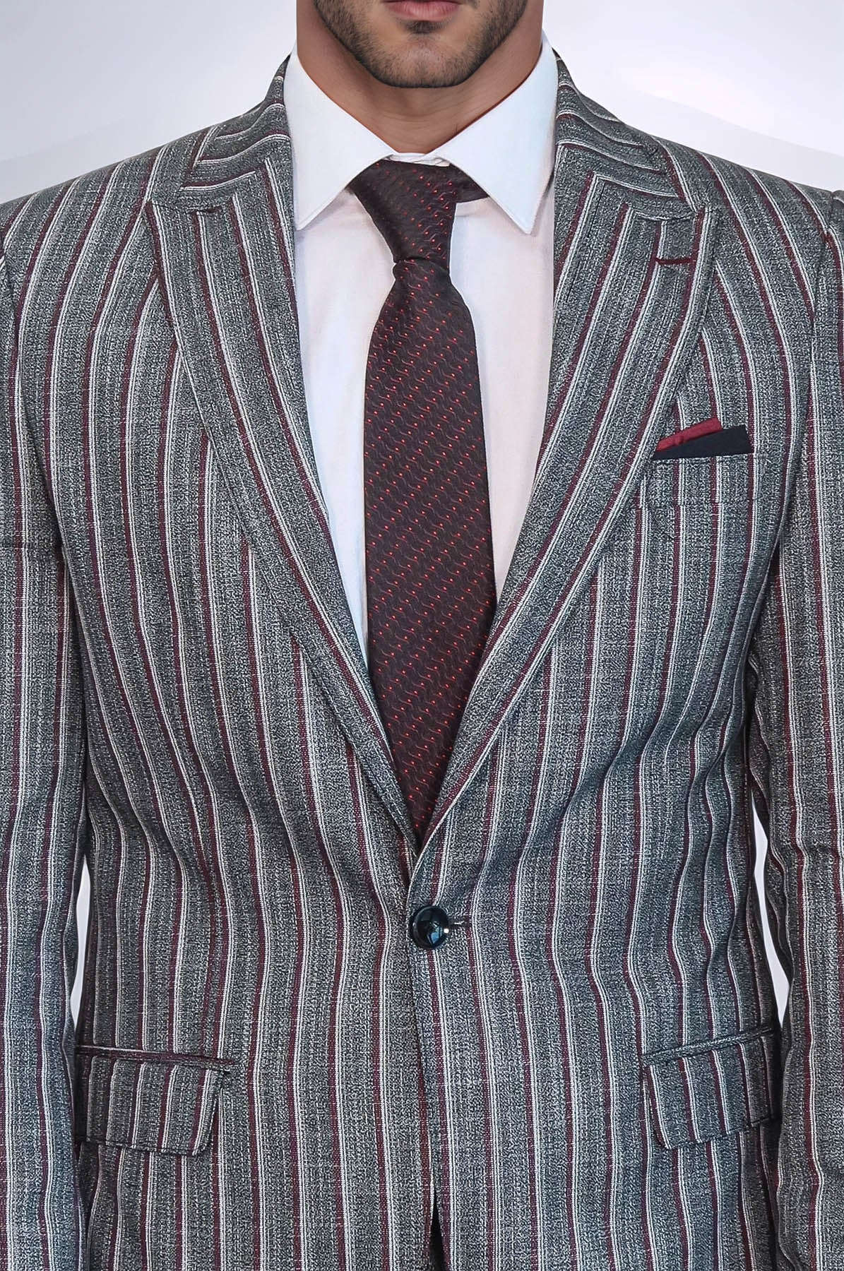 Striped Two Piece Grey Men Suit - Wessi