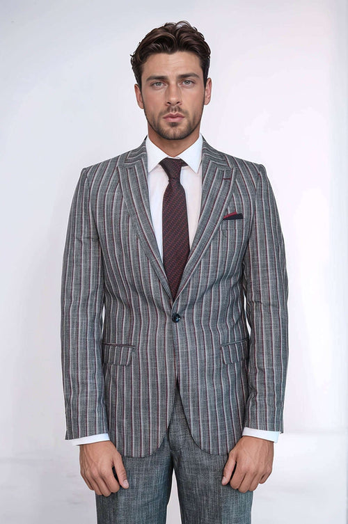 Striped Two Piece Grey Men Suit - Wessi