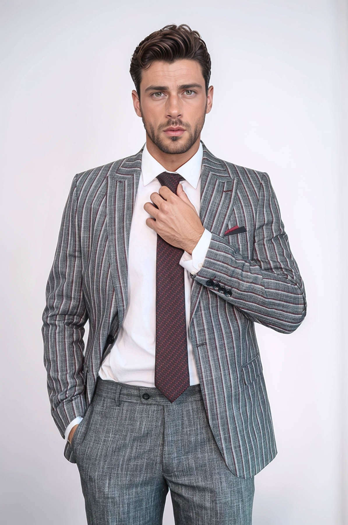 Striped Two Piece Grey Men Suit - Wessi